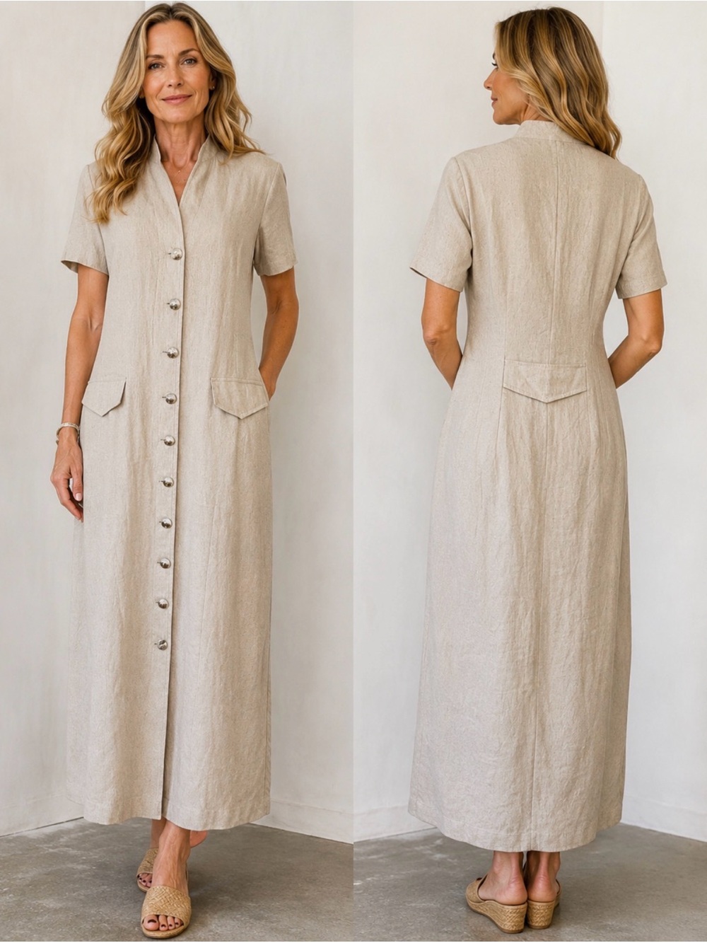 Savannah Short Sleeve Linen Blend Button Down Classic Quiet Luxury Midi Dress